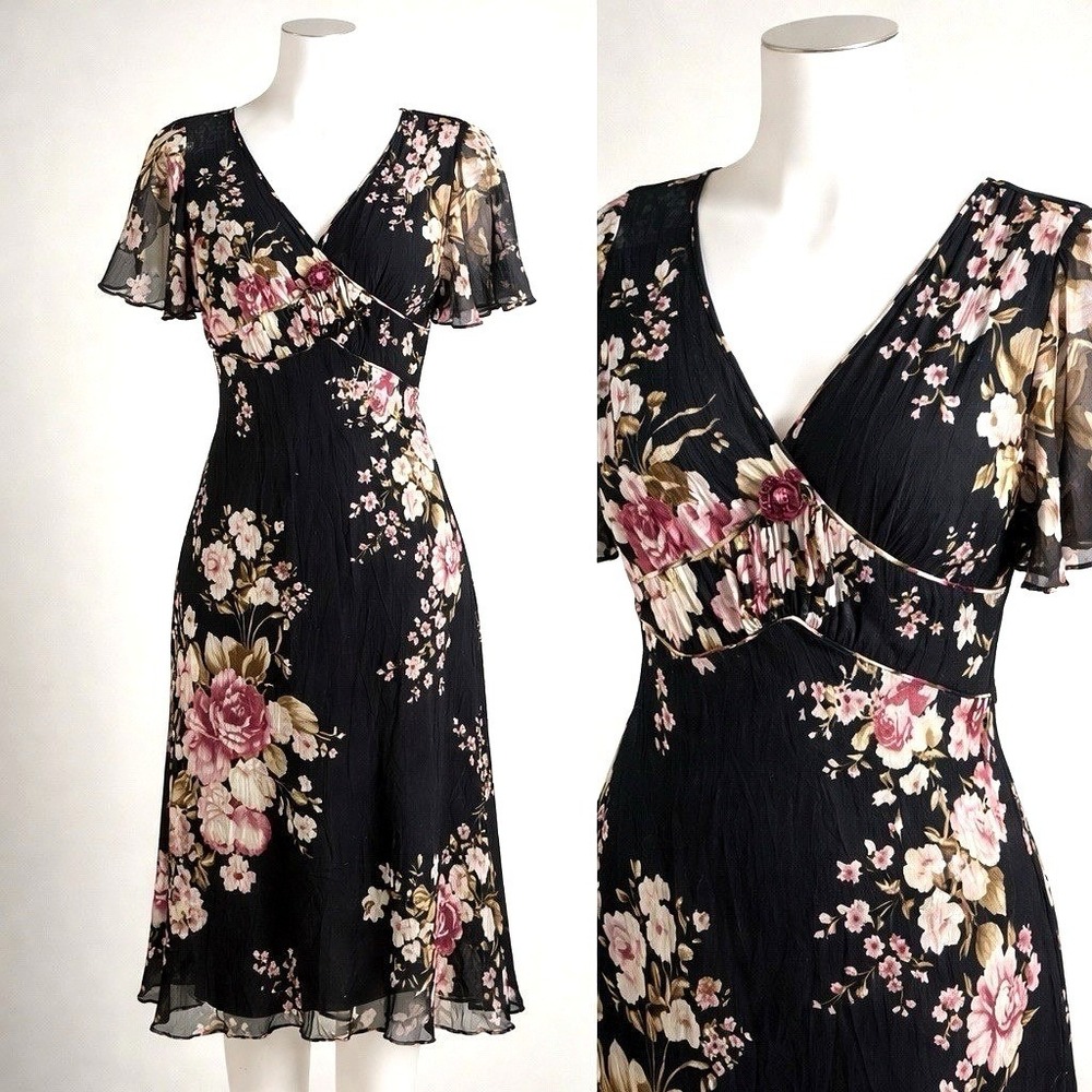 Vtg Y2K ECI New York Silk Floral Midi Dress 14 Black Whimsigoth Rosette Empire